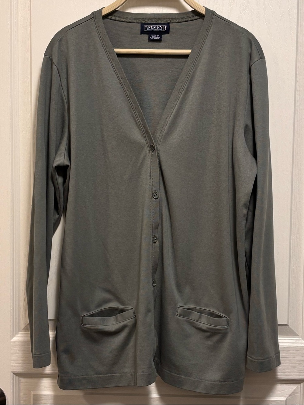 Lands End Soft Green Cardigan button down pockets